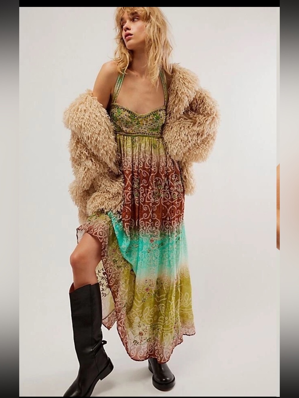 Free People Ombre Halter Maxi Dress in Green, Teal & Brown